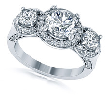 Three stone 1.5 carat round lab grown diamond simulant cubic zirconia prong set halo ring in 14k white gold.