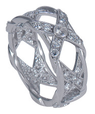 Xenia bezel set round laboratory grown diamond look cubic zirconia pave X design eternity band in 14k white gold.