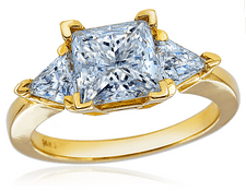 Princess cut square 1.5 carat with trillions lab grown diamond alternative cubic zirconia three stone ring in 14k yellow gold.