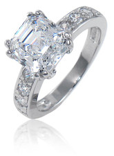 Asscher Cut 2.5 Carat Solitaire Engagement Ring with simulated diamond quality laboratory grown cubic zirconia in 14k white gold.