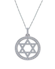 Star of David Halo Round Pave Set Pendant with lab grown diamond look cubic zirconia in 14k white gold.