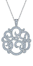 Personalized three letter script monogram laboratory grown diamond look cubic zirconia pendant pave necklace 14k white gold.