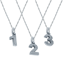 Number numerical lab grown diamond quality cubic zirconia prong set charm pendants in 14k white gold.