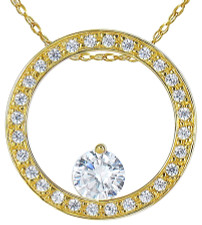 Floating Circle of Love Pave Set Round Pendant with lab grown diamond alternative cubic zirconia in 14k yellow gold.