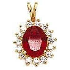 Oval 1.5 Carat Man Made Ruby Cluster Pendant with lab grown diamond alternative cubic zirconia in 14k yellow gold.