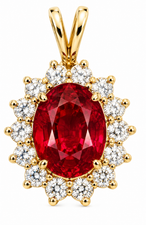 Oval 1.5 Carat Classic Cluster Man Made Ruby Halo Pendant with lab grown diamond alternative cubic zirconia in 14k yellow gold.