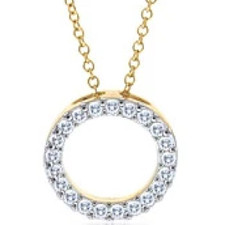 Small Circle of Love Pave Set Round Anniversary Pendant with lab grown diamond simulant cubic zirconia in 14k yellow gold.
