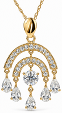 Jezebel Pear Pave Set Round Chandelier Pendant with lab grown diamond alternative cubic zirconia in 14k yellow gold.