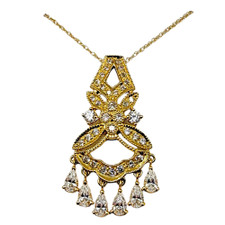 Elegante Pear Pave Set Round Chandelier Pendant with lab grown diamond look cubic zirconia in 14k yellow gold.