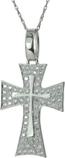 Glorius Cross Pendant with pave set round laboratory grown diamond look cubic zirconia in 14k white gold. Glorius Cross Pendant with pave set round laboratory grown diamond look cubic zirconia in 14k white gold.