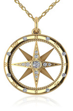 Compass Rose Nautical Bezel Prong and Burnish Set Pendant with lab grown diamond simulant cubic zirconia in 14k yellow gold.