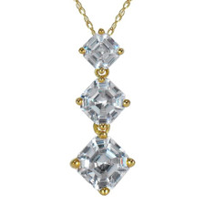 Ashlyn Three Stone Graduated Asscher Cut Inspired Anniversary Pendant with lab grown diamond simulant cubic zirconia set in 14k yellow gold.