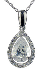 LaRue Halo Pendant 1.5 Carat Pear Necklace with simulated laboratory created diamond alternative cubic zirconia in 14k white gold.