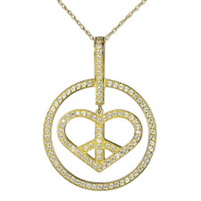 Peace and Love Pave Set Round Circle Pendant with lab grown diamond look cubic zirconia in 14k yellow gold.