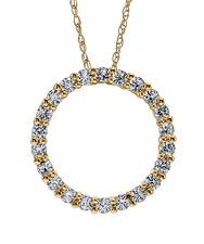 Mini Circle of Love Round Shared Prong Set Pendant with laboratory grown diamond quality cubic zirconia in 14k yellow gold.