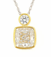 Symba 2.5 Carat Bezel Set Cushion Cut and Round Pendant with lab grown diamond look cubic zirconia in 14k yellow gold.