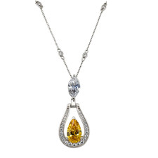 Nova Pear Marquis Pave Round Drop Pendant Necklace with lab grown canary diamond diamond simulant cubic zirconia in 14k white gold.