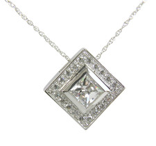 Centex Halo Bezel Set Princess Cut Pave Set Square Pendant with lab grown diamond simulant cubic zirconia in 14k white gold.