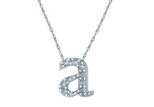 Floating lowercase letter pave lab grown diamond look cubic zirconia initial necklace in 14k white gold.