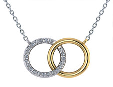 Interlocking Double Open Circle Pave Marriage Pendant Necklace with lab grown diamond simulant cubic zirconia in 14k two tone gold.