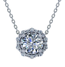 Aurelia 1 Carat Round Prong Set Halo Scalloped Pendant Necklace with lab grown diamond look cubic zirconia in 14k white gold.