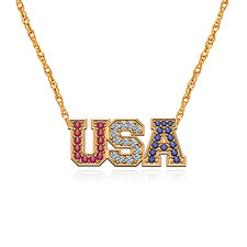 USA Necklace United States of America Red White Blue Pave Pendant with lab grown diamond alternative cubic zirconia in 14k yellow gold.