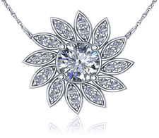 Flower .75 Carat Round Pave Halo Necklace with lab grown diamond look cubic zirconia in 14k white gold.