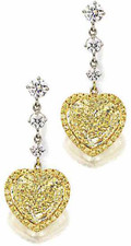 Diorro 5.5 carat heart shaped canary lab grown diamond simulant cubic zirconia pave halo drop earrings in 14k gold.