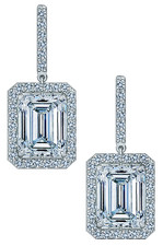 Emerald step cut 4 carat lab grown diamond look cubic zirconia pave halo drop earrings in 14k white gold.