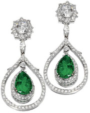 Pave halo 5 carat pear lab grown diamond look cubic zirconia drop earrings in platinum.