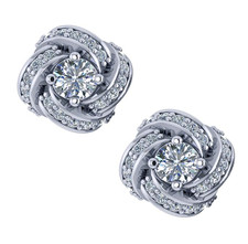 Love knot .25 carat each round lab grown diamond simulant cubic zirconia pave stud earrings in 14k white gold.