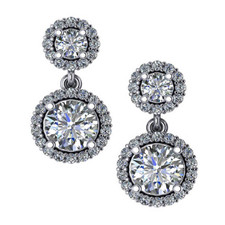 Double drop dangle round laboratory grown diamond look cubic zirconia halo earrings in 14k white gold.