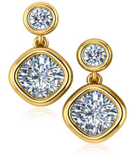 Chateau round and cushion cut laboratory grown diamond look cubic zirconia bezel drop earrings in 14k yellow gold.