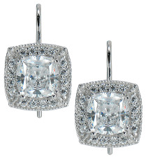 Krizzia 1 carat cushion cut lab grown diamond alternative cubic zirconia halo pave drop earrings in 14k white gold.