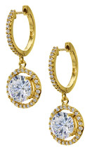 LaRue 1.5 carat round halo micro pave set diamond quality lab created cubic zirconia drop earrings in 14k yellow gold.