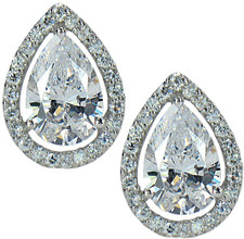 1.5 carat each LaRue pear lab created cubic zirconia halo stud earrings in 14k white gold.