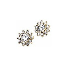 Round .75 carat each cluster stud lab grown diamond look cubic zirconia earrings in 14k yellow gold.