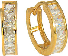 Channel set princess cut lab grown diamond look cubic zirconia huggie hoop earrings in 14k yellow gold.