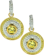 Cleopatra canary lab grown diamond simulant cubic zirconia 1 carat round two tone double halo drop earrings in 14k two tone gold.