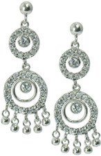 Punjab bezel set round pave lab grown diamond simulant cubic zirconia halo style chandelier drop earrings in 14k white gold.