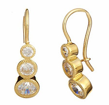 Trio three stone round laboratory grown diamond alternative cubic zirconia graduated wire earrings in 14k yellow gold.