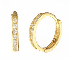 Mini small size lab created diamond quality cubic zirconia channel set hoop earrings in 14k yellow gold.