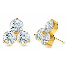 Chloe triple 1 carat round lab grown diamond simulant cubic zirconia stud earrings in 14k yellow gold.