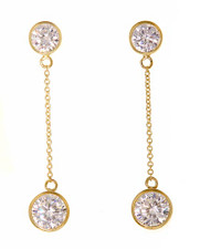 Montura round bezel set laboratory grown diamond alternative cubic zirconia drop earrings in yellow gold.