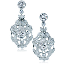 Pear 2 carat lab grown diamond simulant cubic zirconia floral drop earrings in 14k white gold.