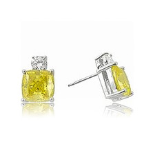 Kyra 2.5 carat cushion cut canary and round lab grown diamond look cubic zirconia stud earrings in 14k white gold.