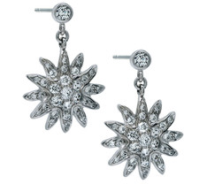 Sunburst pave set round lab grown diamond look cubic zirconia dangle drop earrings in 14k white gold.