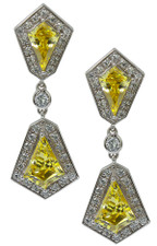 Kite shaped halo laboratory grown diamond alternative cubic zirconia canary drop pave earrings in 14k white gold.