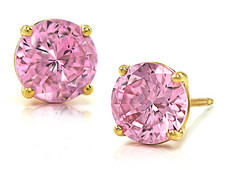 Round 1 carat each lab grown diamond simulant cubic zirconia pink stud earrings in 14k yellow gold.