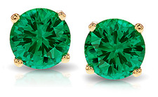 Round 1 carat each man made laboratory created emerald green gemstone stud earrings in 14k yellow gold.